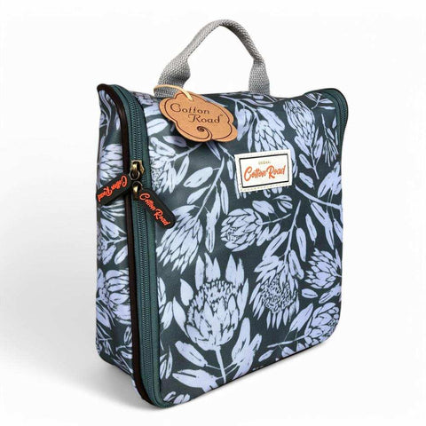 Cotton Road Toiletry Bag: GREEN PVC Hanging Vanity Bag with PROTEAS