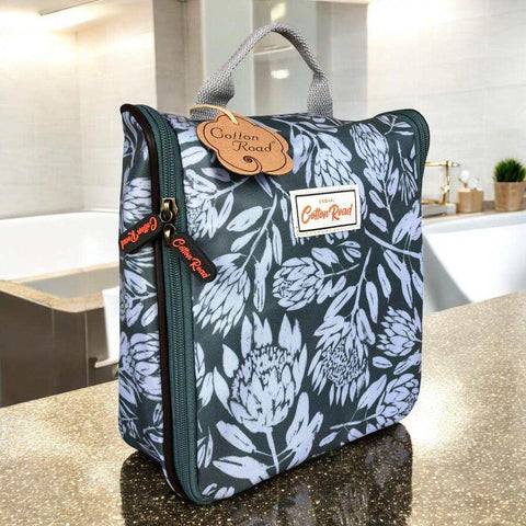 Cotton Road Toiletry Bag: GREEN PVC Hanging Vanity Bag with PROTEAS