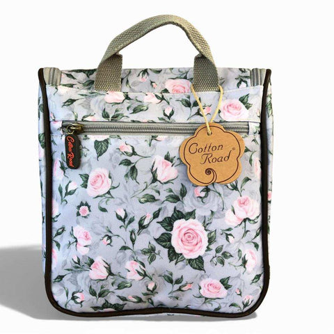Cotton Road Toiletry Bag: GREY PVC Hanging Vanity Bag with PINK ROSES