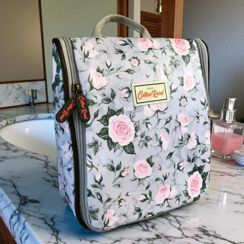 Cotton Road Toiletry Bag: GREY PVC Hanging Vanity Bag with PINK ROSES