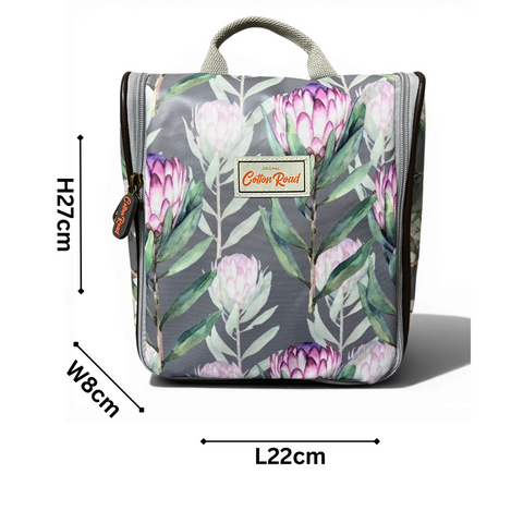 Cotton Road Toiletry Bag: GREY PVC Hanging Vanity Bag with PROTEA Print