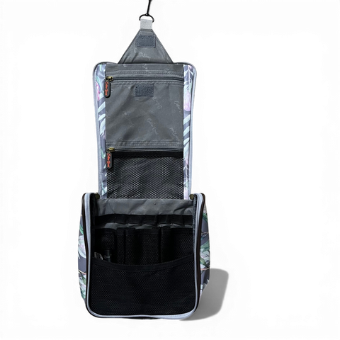 Cotton Road Toiletry Bag: GREY PVC Hanging Vanity Bag with PROTEA Print