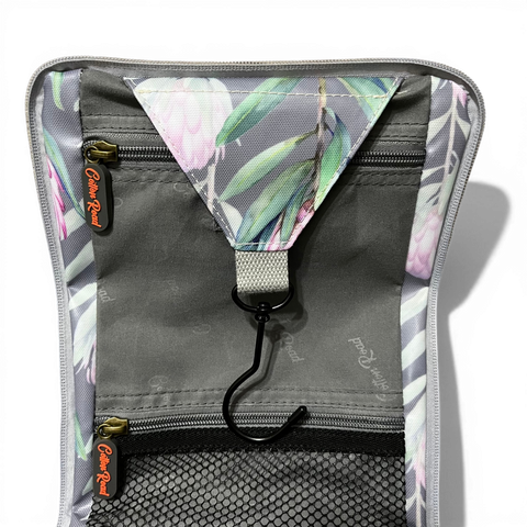 Cotton Road Toiletry Bag: GREY PVC Hanging Vanity Bag with PROTEA Print
