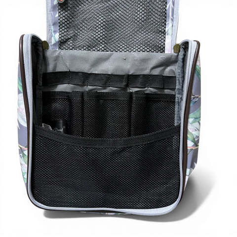 Cotton Road Toiletry Bag: GREY PVC Hanging Vanity Bag with PROTEA Print