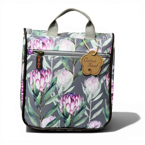 Cotton Road Toiletry Bag: GREY PVC Hanging Vanity Bag with PROTEA Print