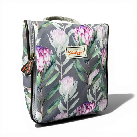 Cotton Road Toiletry Bag: GREY PVC Hanging Vanity Bag with PROTEA Print