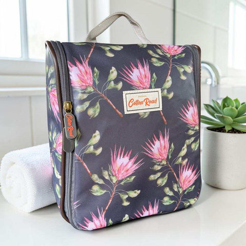 Cotton Road Toiletry Bag: GREY PVC Hanging Vanity Bag with PROTEA Print