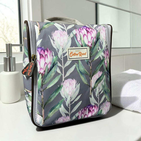 Cotton Road Toiletry Bag: GREY PVC Hanging Vanity Bag with PROTEA Print