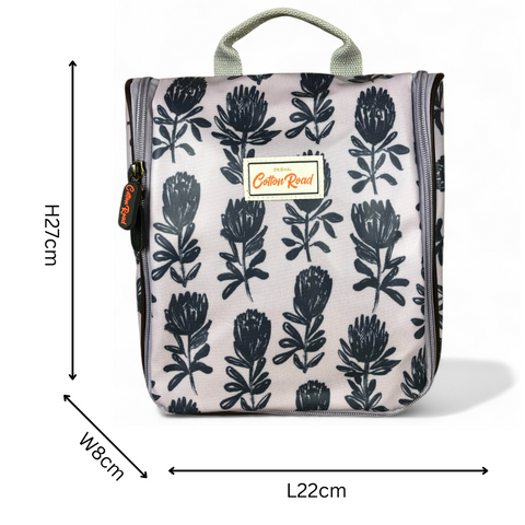 Cotton Road Toiletry Bag: GREY PVC Hanging Vanity Bag with PROTEAS