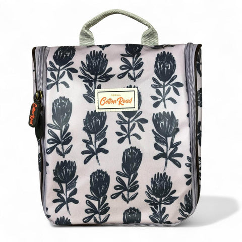 Cotton Road Toiletry Bag: GREY PVC Hanging Vanity Bag with PROTEAS