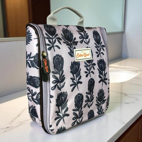 Cotton Road Toiletry Bag: GREY PVC Hanging Vanity Bag with PROTEAS