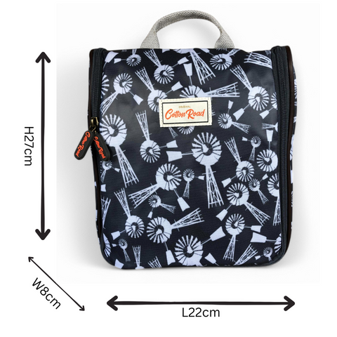 Cotton Road Toiletry Bag: GREY PVC Hanging Vanity Bag with WINDMILLS