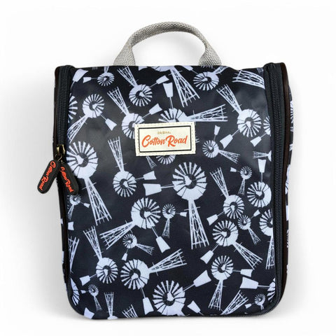 Cotton Road Toiletry Bag: GREY PVC Hanging Vanity Bag with WINDMILLS