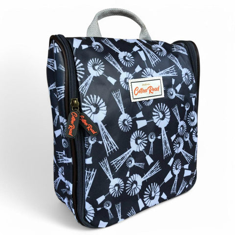 Cotton Road Toiletry Bag: GREY PVC Hanging Vanity Bag with WINDMILLS