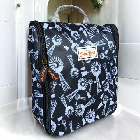 Cotton Road Toiletry Bag: GREY PVC Hanging Vanity Bag with WINDMILLS