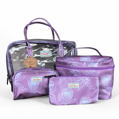 Cotton Road Toiletry Bag: PINK PVC 4pce Vanity Toiletry Set with PROTEAS