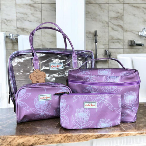 Cotton Road Toiletry Bag: PINK PVC 4pce Vanity Toiletry Set with PROTEAS