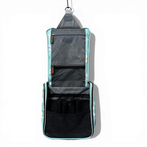 Cotton Road Toiletry Bag: TURQUOISE PVC Hanging Vanity Bag with DAISY Print