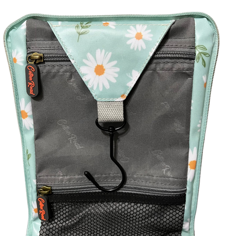 Cotton Road Toiletry Bag: TURQUOISE PVC Hanging Vanity Bag with DAISY Print