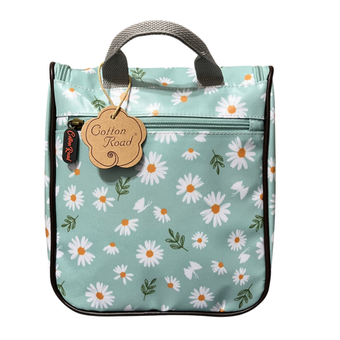 Cotton Road Toiletry Bag: TURQUOISE PVC Hanging Vanity Bag with DAISY Print