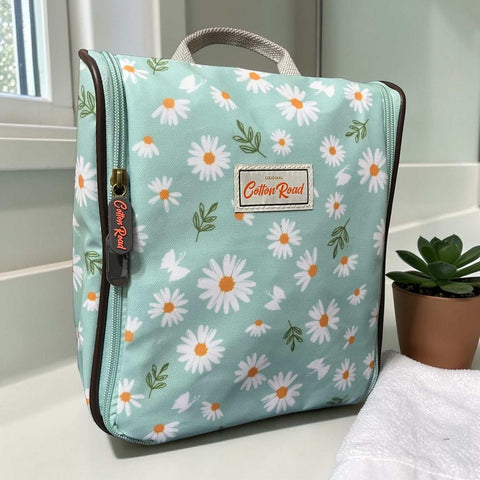 Cotton Road Toiletry Bag: TURQUOISE PVC Hanging Vanity Bag with DAISY Print