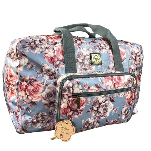 Cotton Road Travel Bag: BLUE FLORAL PVC Foldaway WEEKENDER Travel Bag