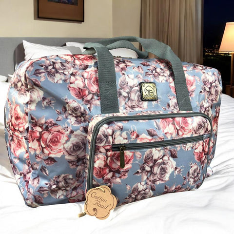 Cotton Road Travel Bag: BLUE FLORAL PVC Foldaway WEEKENDER Travel Bag