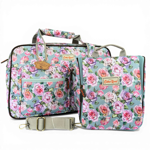 Cotton Road Travel Bag: BLUE FLORAL PVC Overnight Bag with Matching Vanity