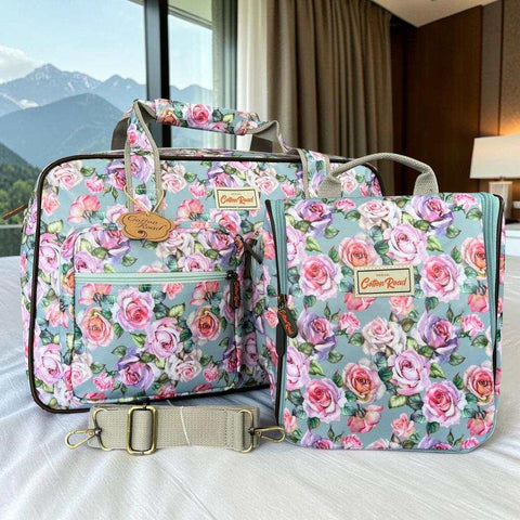 Cotton Road Travel Bag: BLUE FLORAL PVC Overnight Bag with Matching Vanity