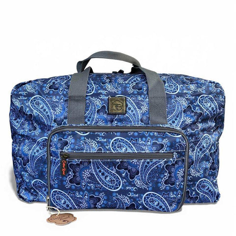 Cotton Road Travel Bag: BLUE PAISLEY Print PVC Foldaway WEEKENDER with Matching Vanity Bag