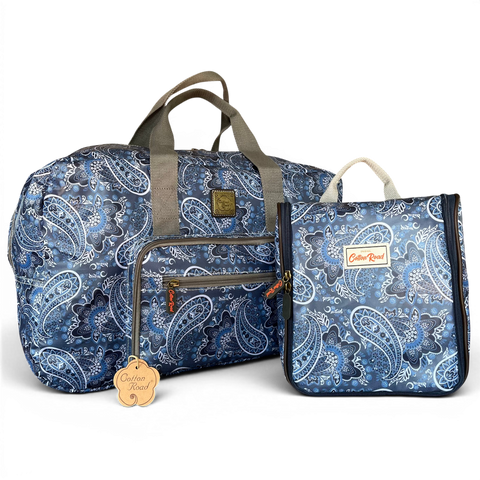 Cotton Road Travel Bag: BLUE PAISLEY Print PVC Foldaway WEEKENDER with Matching Vanity Bag