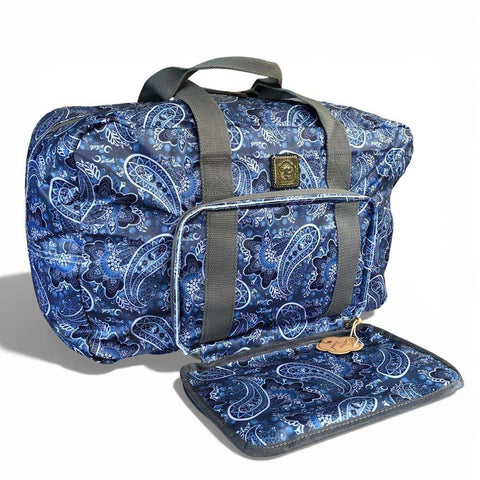 Cotton Road Travel Bag: BLUE PAISLEY Print PVC Foldaway WEEKENDER with Matching Vanity Bag