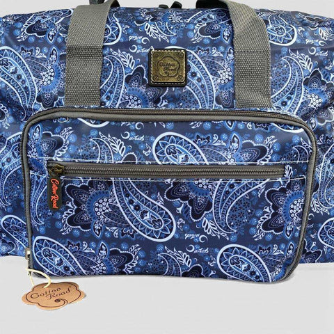 Cotton Road Travel Bag: BLUE PAISLEY Print PVC Foldaway WEEKENDER with Matching Vanity Bag