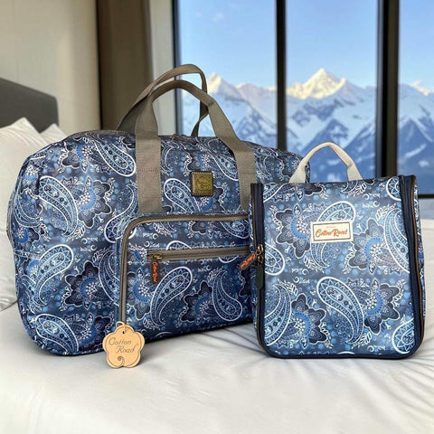 Cotton Road Travel Bag: BLUE PAISLEY Print PVC Foldaway WEEKENDER with Matching Vanity Bag