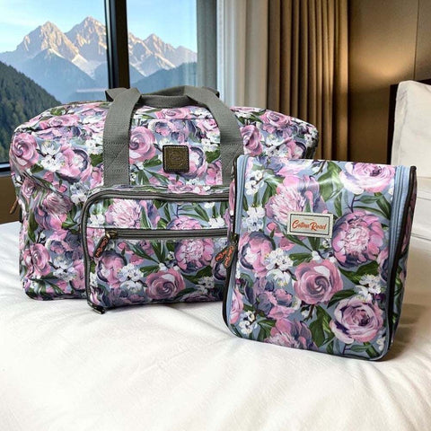 Cotton Road Travel Bag: BLUE PVC Foldaway WEEKENDER Bag and Matching Vanity Bag Set