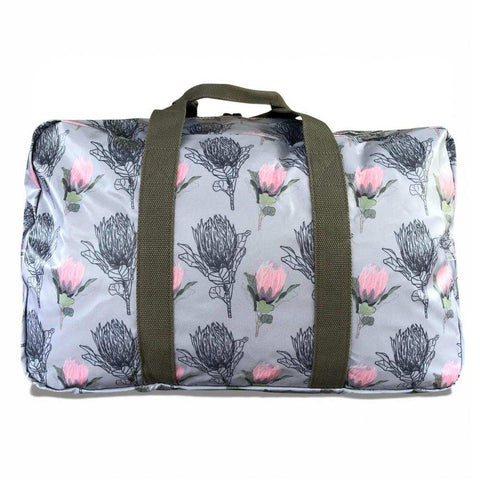 Cotton Road Travel Bag: BLUE PVC Foldaway WEEKENDER Bag with PROTEA Design