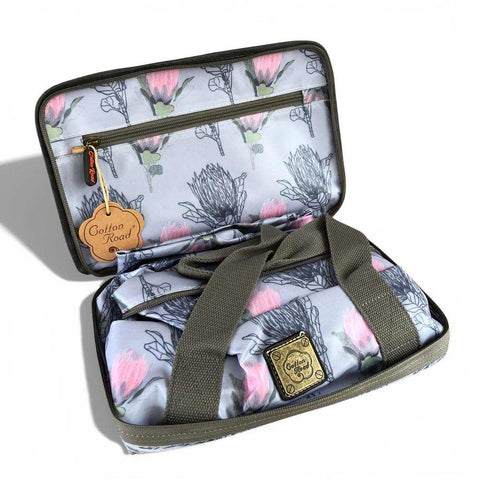 Cotton Road Travel Bag: BLUE PVC Foldaway WEEKENDER Bag with PROTEA Design