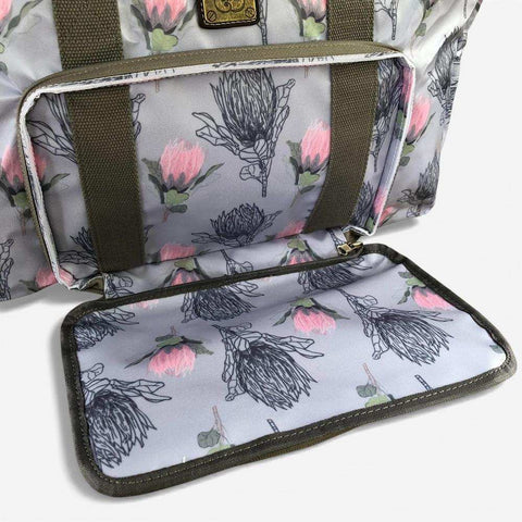 Cotton Road Travel Bag: BLUE PVC Foldaway WEEKENDER Bag with PROTEA Design