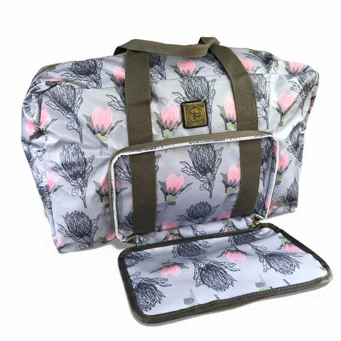 Cotton Road Travel Bag: BLUE PVC Foldaway WEEKENDER Bag with PROTEA Design