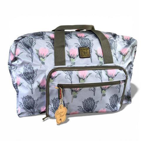 Cotton Road Travel Bag: BLUE PVC Foldaway WEEKENDER Bag with PROTEA Design