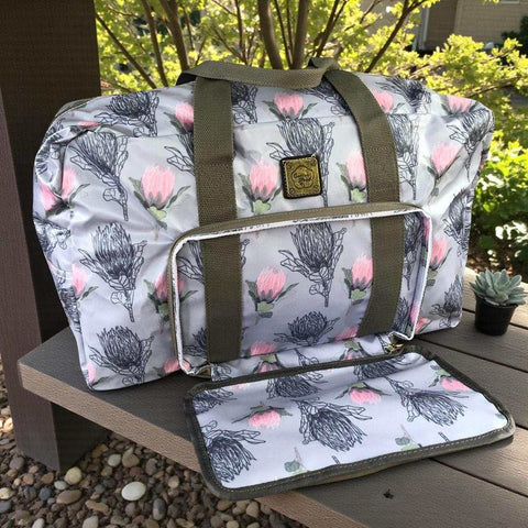 Cotton Road Travel Bag: BLUE PVC Foldaway WEEKENDER Bag with PROTEA Design