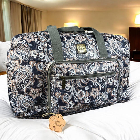 Cotton Road Travel Bag: BLUE PVC Foldaway WEEKENDER Travel Bag with PAISLEY Print