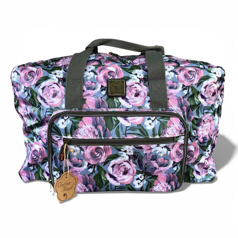 Cotton Road Travel Bag: BLUE PVC Foldaway WEEKENDER Travel Bag with PURPLE PINK Flowers