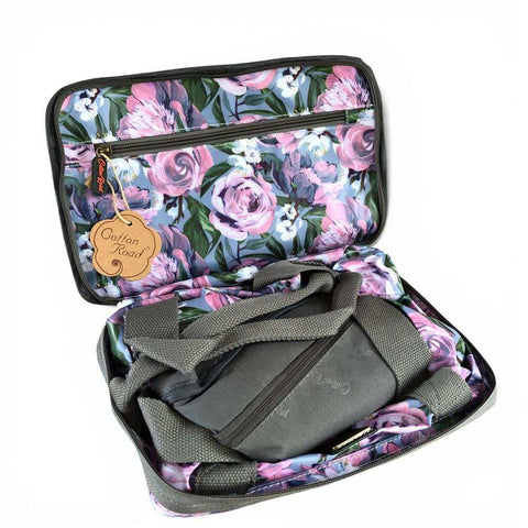 Cotton Road Travel Bag: BLUE PVC Foldaway WEEKENDER Travel Bag with PURPLE PINK Flowers