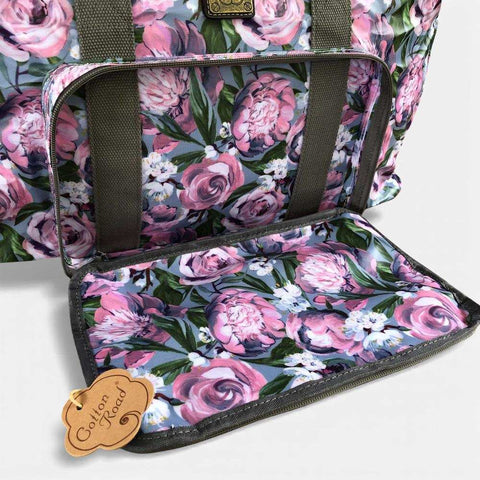 Cotton Road Travel Bag: BLUE PVC Foldaway WEEKENDER Travel Bag with PURPLE PINK Flowers