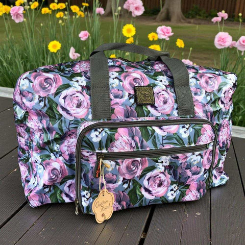 Cotton Road Travel Bag: BLUE PVC Foldaway WEEKENDER Travel Bag with PURPLE PINK Flowers