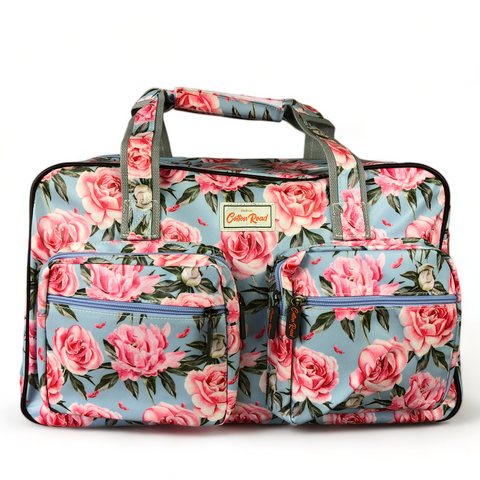 Cotton Road Travel Bag: BLUE PVC Overnight Travel Bag with PINK ROSES