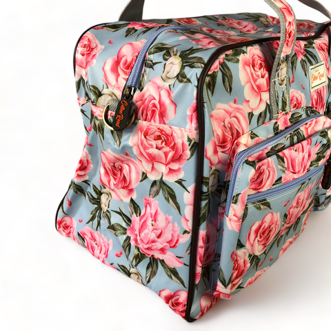 Cotton Road Travel Bag: BLUE PVC Overnight Travel Bag with PINK ROSES