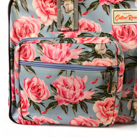 Cotton Road Travel Bag: BLUE PVC Overnight Travel Bag with PINK ROSES