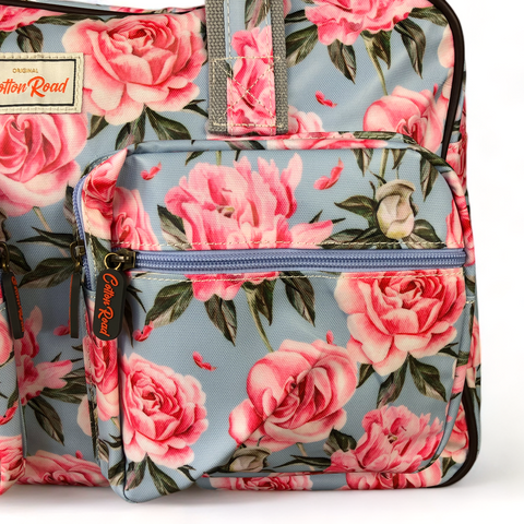 Cotton Road Travel Bag: BLUE PVC Overnight Travel Bag with PINK ROSES